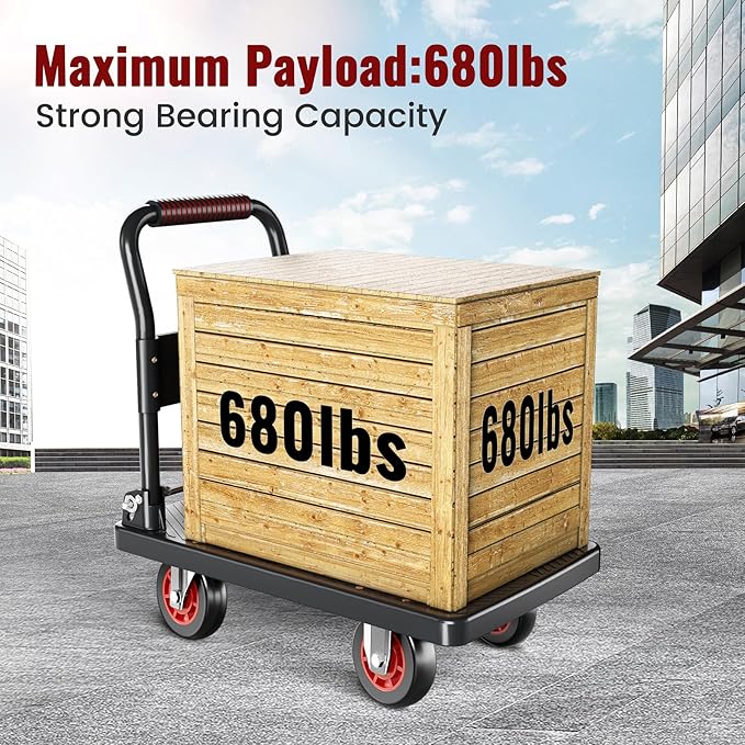Upgraded Foldable Push Cart Dolly | 800 lbs. Capacity Moving Platform Hand Truck | Heavy Duty Space Saving Collapsible | 5‘’ TPR 360-Degree Silent Wheels | 2 Swivel Wheels and 2 Rigid Wheels