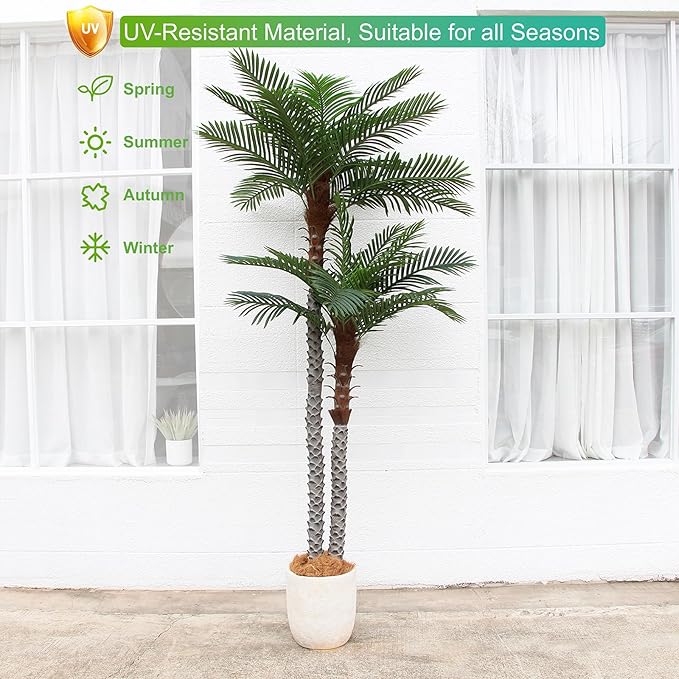 9ft Tall UV Resistant Faux Palm Tree, 108in Artificial Palm Tree Indoor Outdoor, Fake Tree with Real Bark and Realistic Leaves and for Home House Office Living Room Bedroom Yard Patio.