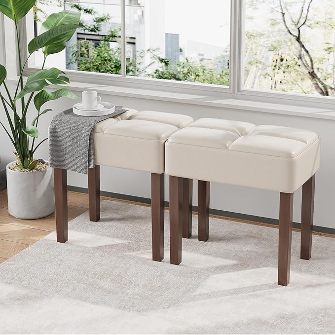 Two Leather Vanity Stool, 18.7 Inch Wide Rectangle Ottoman Bench for Makeup Room, A Set Vanity Chair with Wood Legs for Piano Room, Bedroom,Living Room with Customizable (Cream)