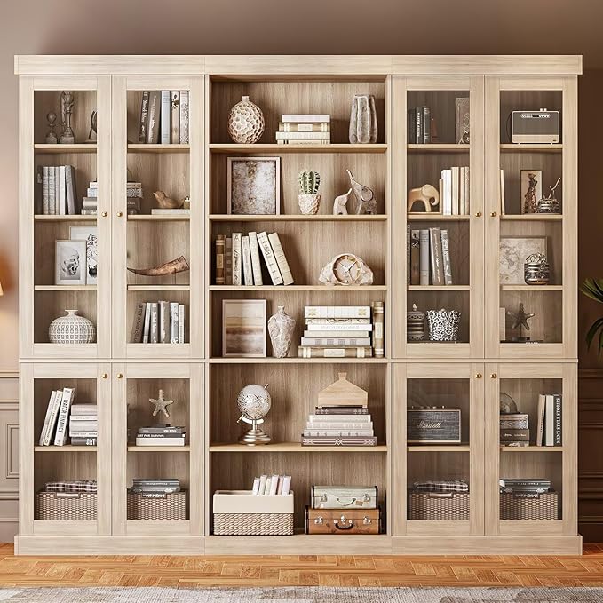 Vyre 70.8" Tall Farmhouse Bookshelf with Glass Doors, Modular Bookcase with 6-Tier Adjustable Shelves, Large Storage Cabinet for Kitchen, Living Room, Set of 2, Brown