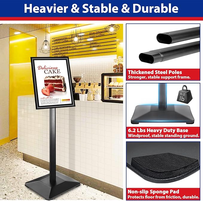Pedestal Sign holder Stand 8.5x11inch Adjustable Standing Floor Sign Stand with Heavy Base & Snap Frame Display Stand for Indoor Outdoor Business Store Sign Holder Poster Stand (Black)