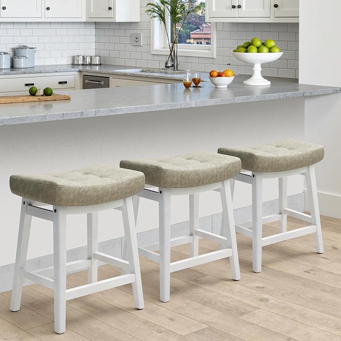Counter Height Bar Stools Set of 3 for Kitchen Counter Farmhouse Modern Barstools with Faux Leather Upholstered Backless Seat and Solid Wood Legs 24 inch Bar Chairs, Light Grey + White