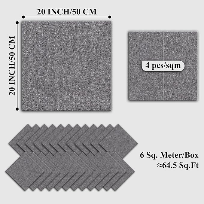 20" X 20" Carpet Tiles, Carpet Squares, 24 Tiles/64.5 Sq.Ft per Box, Floor Carpet Tiles for Home Office Industry, Light Grey