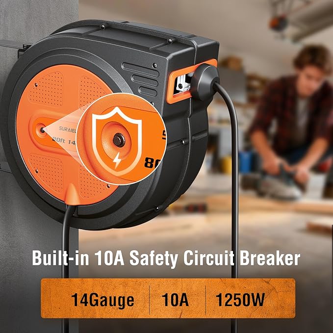 SURAIELEC 80 FT Retractable Extension Cord Reel, 14 AWG SJTOW Power Cord for Garage & Workshop, 10A Circuit Breaker, Wall/Ceiling Mount, Upgraded Anti-Tangle Roller Design, ETL Listed, Orange