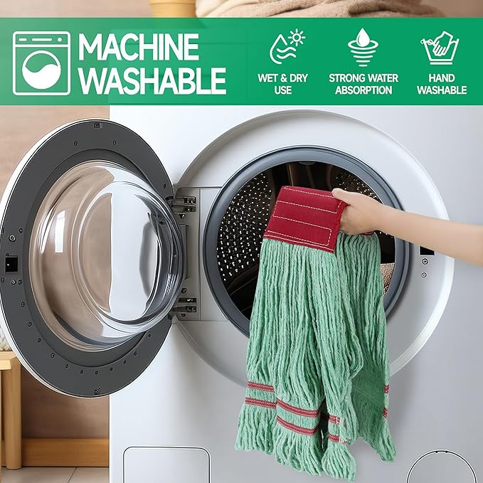 ONESIMUS 30 oz Pack of 6 Cleaning Heavy Duty Industrial Commercial Grade Looped-End Mop Head Replacement,6'' Headband Cotton String Wet Mop Head Refills,Machine Washable Green Mop