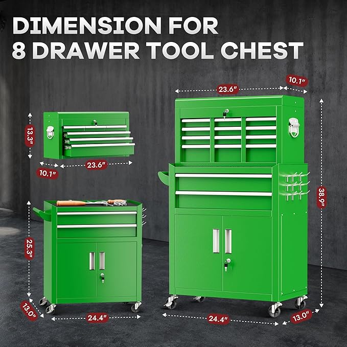 Bonusall 8 Drawer Rolling Tool Chest and Cabinet Combo,Heavy-Duty Metal Garage Tool Chest with Wheels and 2 Doors,2-in-1 Top Box and Roller Cabinet Combo for Garage, Workshop, Warehouse-Green