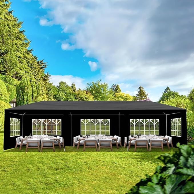 10x30 FT Party Tent, Outdoor Wedding Tents for Parties, Canopy Event Tent with 8 Removable Sidewalls, Waterproof Gazebo Shelter for Birthday Parties, Weddings, BBQs & Events (10X30FT-8Sides Black)