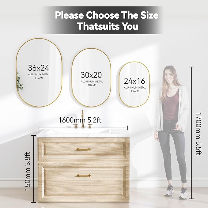 30x20 Mirror Runway Oval Wall Mounted Aluminum Alloy Metal Frame Rectangle Mirrors for Entryway Bedroom Bathroom Living Room 30 20 inch Gold