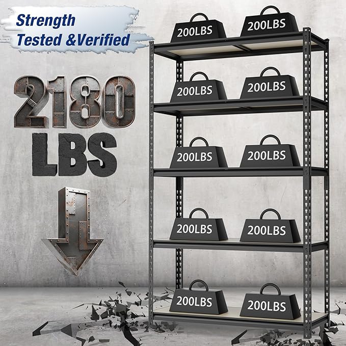 WORKPRO 2180LBS Garage Shelving Unit, Heavy Duty 5-Tier Adjustable Storage Shelf, Shelving Units and Storage for Kitchen, Basement or Pantry, 35.4”Wx11.8”Dx72”H, Black