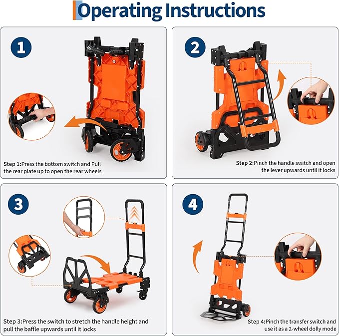 Garvee Folding Hand Truck, 330 LB Heavy Duty Dolly Cart with Foldable Basket, Portable Folding Hand Cart with Bungee Rope, Rubber Wheels and Retractable Handle for Luggage, Moving, Office, Orange
