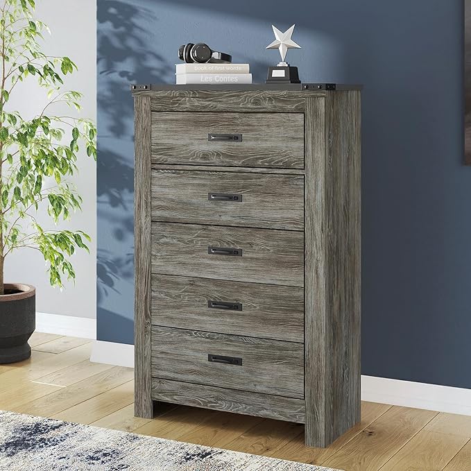 Signature Design by Ashley Frandern Vintage 5-Drawer Chest with Easy Glide and Safety Stop for Bedroom, Gray
