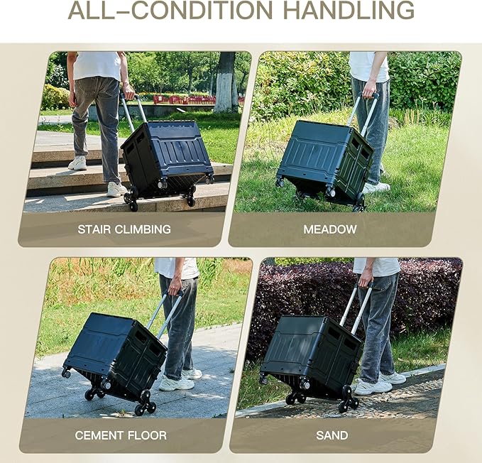 Foldable Utility Cart ，Folding Shopping carts，Collapsible cart with Stair Climbing Wheels, 8 Wheel Shopping cart，Collapsible Rolling Crate with Telescoping Handle (Black, 17.32 * 17.13 * 30.12)