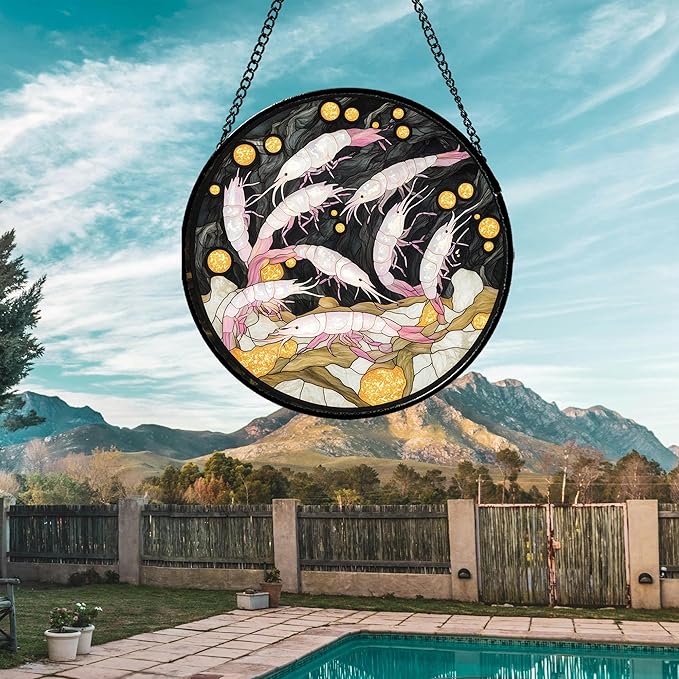 Stained Glass Window Hanging - Pink Shrimp Suncatcher for Doors Garden Marine Life Sun Catchers Decor Christmas Mother's Day Birthday Gifts for Women Men Mom Nana Friend Boys Girls 11.8 in