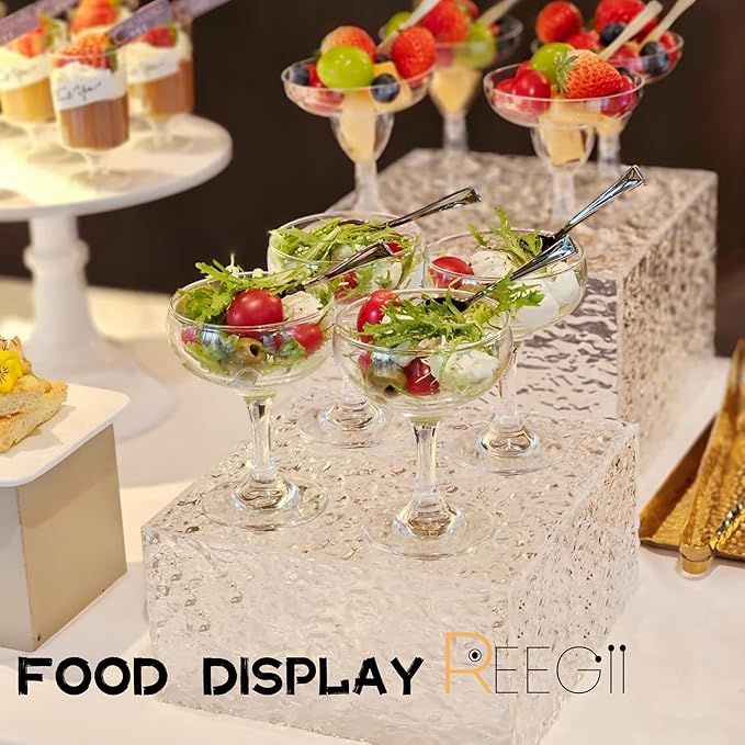 4PCS Buffet Risers Display Stands with 4PCS Mini Signs,Acrylic Cube Display Risers with Hollow Bottom, 1 Set (6, 6.5, 7, 8)" (Transparent, 1 Set ( 6'',6.5'',7'',8'' ))