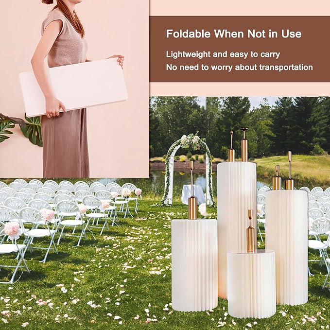 4Pack Cylinder Stands for Party, Foldable Cardboard Columns with 4 Clear Round Top Plates, Cake Display Pedestal Stand for Wedding Banquet Vendor Events Decorative