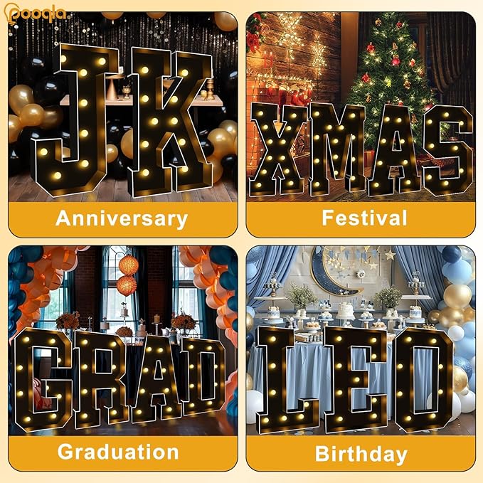 Pooqla 3FT Marquee Light Up Letters, Black LED Party Decor Large Marquee Letters 3 Feet Tall, Giant Mosaic Letter for Birthday Graduation Anniversary Wedding Decoration, Letter A