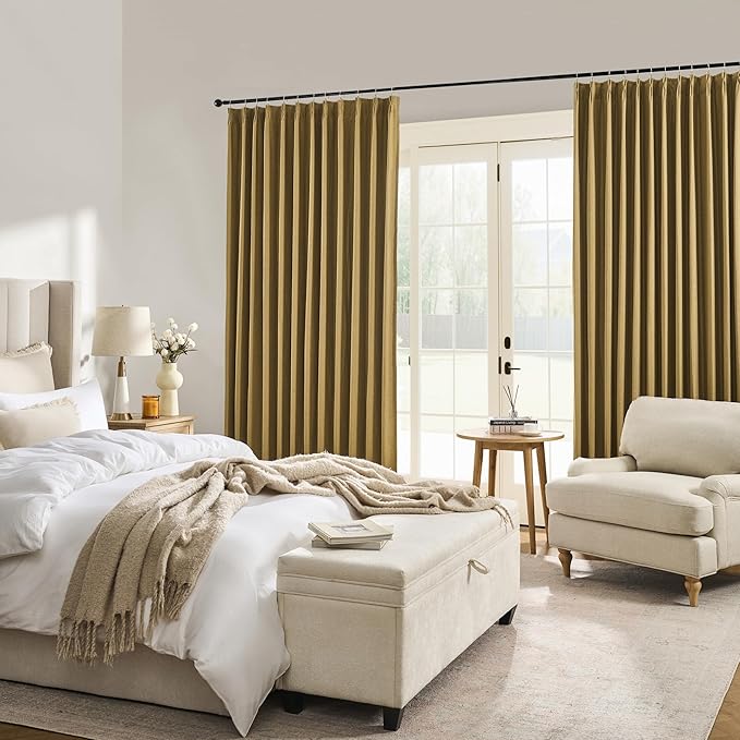 DUALIFE Gold Tan Pinch Pleated Blackout Curtains 156 Inches Long, Back Tab with Hooks, Linen Full Black Out Thermal Insulated Track Curtain for Bedroom Living Room,40 W x 156 L, 2 Panels