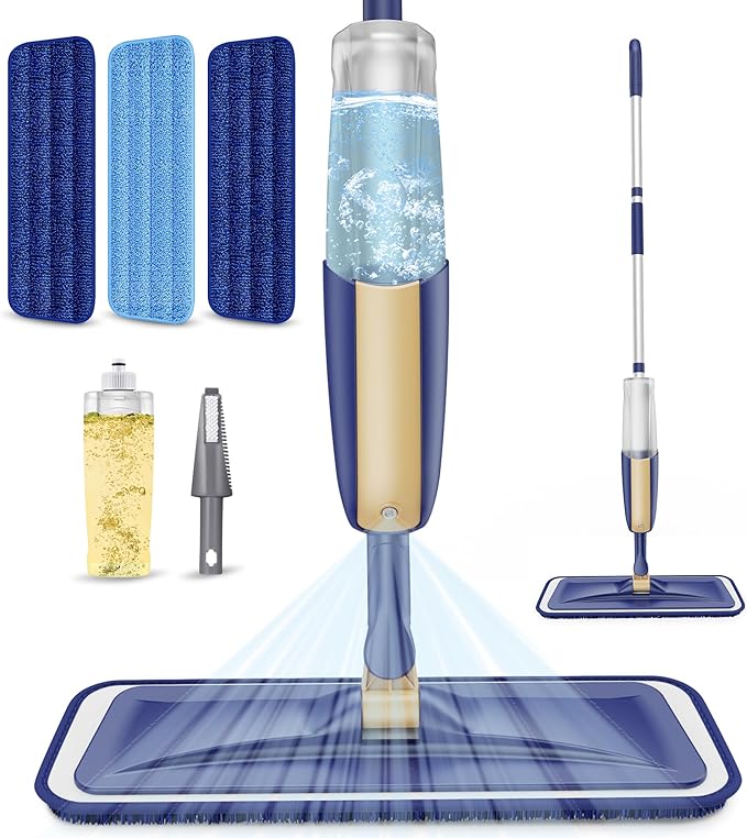 Spray Mops for Hardwood Floor Cleaning - MEXERRIS Wet Mops Dry Dust Mop with 3 Washable Mopping Pads- Flat Mop with Sprayer Home Commercial Mops for Wood Laminate Tile Vinyl Cement Concrete