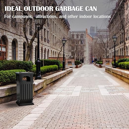 Black Stainless Steel Commercial Trash Can with Locking Lid, Heavy Duty Outdoor/Indoor Waste Container, Perforated Steel Panels, Removable Inner Bucket for Patio, Park, Garden-35.5x15.8x15.8in