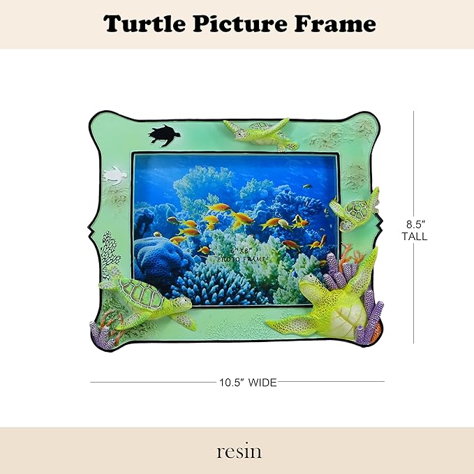 6x8 Inch Sea Turtle Resin Picture Frame - Ocean-Themed Tabletop Photo Display with Turtle Figurine, Feng Shui Lucky Wealth Home Decor, Beach & Marine Art Gallery Decor
