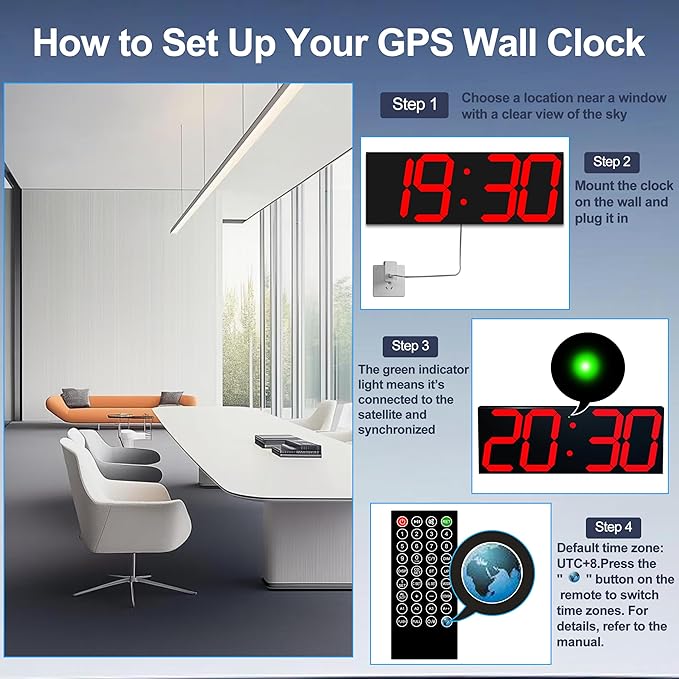 Digital Clock with Large Display 18.7 Inch, GPS Auto-Sync Time, Wall-Mounted with Remote Control, Ideal for Classroom Use