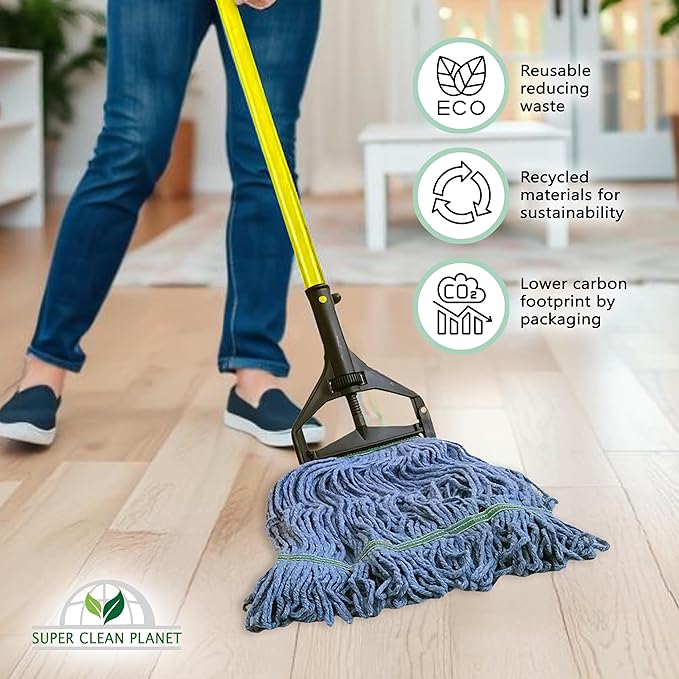 Super Clean Planet Heavy Duty Mop Head Refill (3-Pack) – Industrial Blue Cotton, Looped-End Wet Mop Heads for General, Commercial, Janitorial & Floor Cleaning
