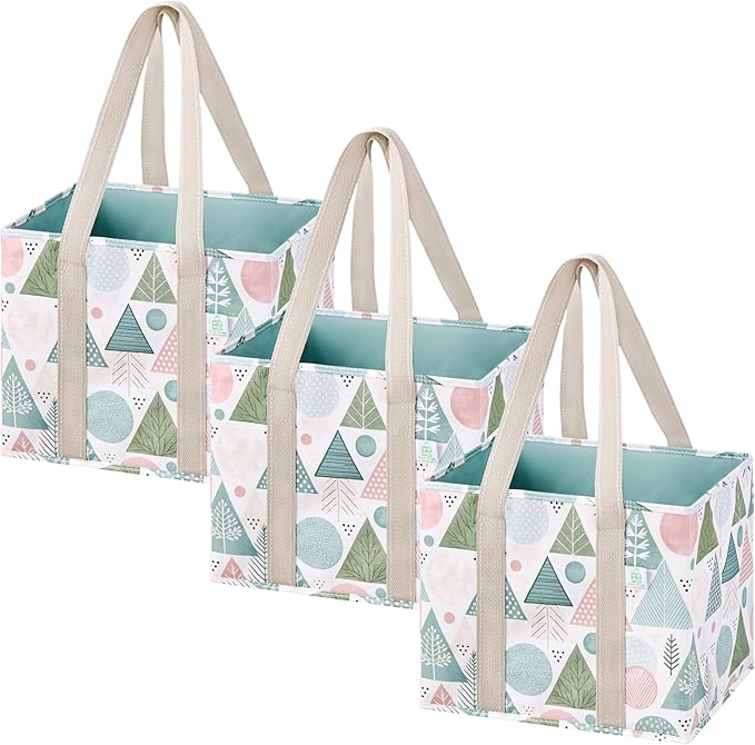 VENO 3 Pack Christmas Reusable Grocery Bags, Shopping Bags for Groceries, Tote with Handles and Hard Bottom, Foldable Shopping Cart Organizer, Water Resistant, Heavy-Duty (Pastel Forest, 6 Gallon)
