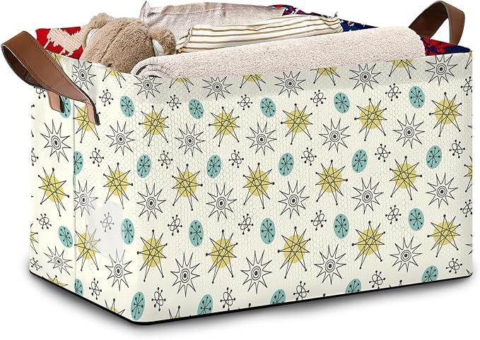Mid Century Modern Storage Basket Large 17x11.5x10.5 Inche-Collapsible Fabric Organizer Bin with Handles for Living Room, Bedroom, Blankets-Decorative Hamper with Vintage Geometric Design-Single Pack