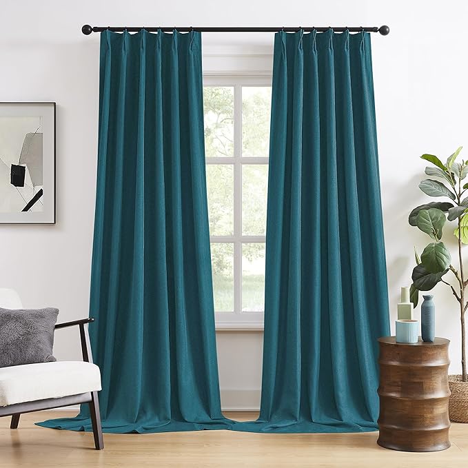 DUALIFE Dark Teal Blue Pinch Pleated Blackout Curtains 108 Inches Long, Back Tab with Hooks, Linen Full Black Out Thermal Insulated Track Curtain for Bedroom Living Room,40 Wx108 L, 2 Panels