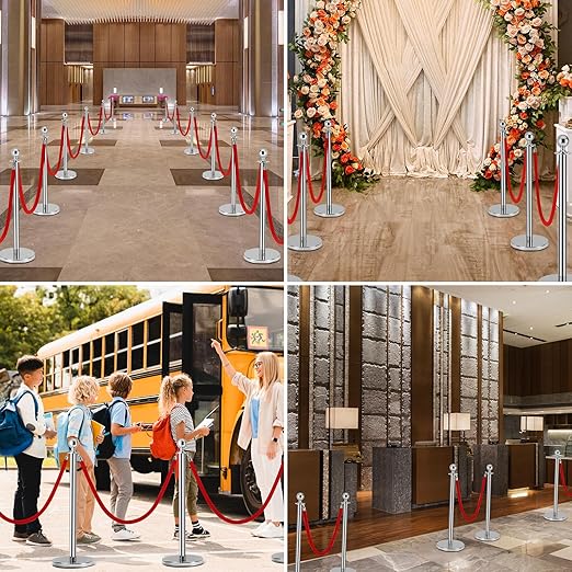 6Pack Silver Stanchion Post, 5 ft Red Velvet Rope Red Carpet Ropes and Poles, Stainless Steel Stanchions for Grand Opening Casino Theme Party Decorations Crowd Control Barriers