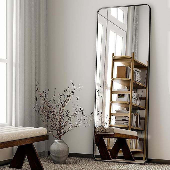 HARRITPURE 56"x21" Full Length Mirror, Black Rounded Corner Aluminum Frame Floor Standing Mirror Hanging/Leaning Wall for Living Room Bedroom Cloakroom