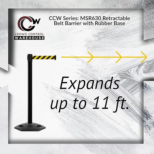 CCW Series WBB-200 Set of 2 Outdoor Safety Rubber Base Stanchion Retractable Belt Barriers - Easy to Assemble, No Tools Required (11 Foot Belt, Black and Yellow Diagonal Belt with Yellow Post)