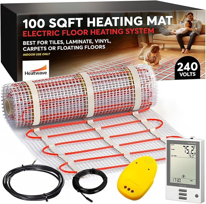 Electric Heated Floor System, 100 Sqft 240V Underfloor Electric Heating System, Heated Floor Mat, Radiant Heaters for Indoor Use, Heating Mat with 7-Day/4 Event Programmable GFCI Thermostat