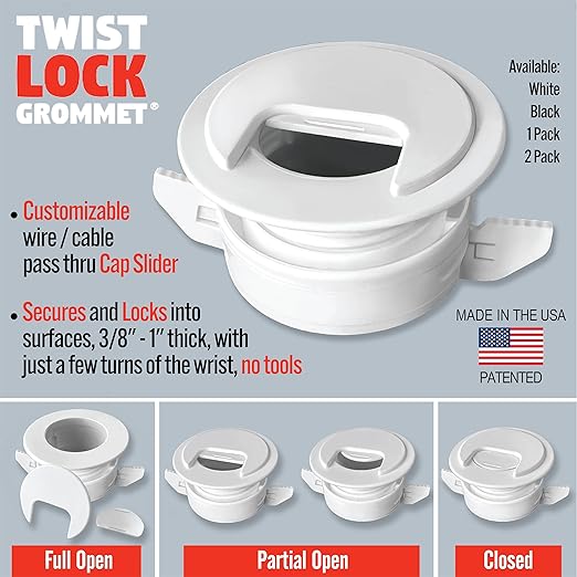 1PK White Patented: Only Cable, Wire, Cord Management, Tool-Free Self-Securing/Locking Grommet with Cap Slider, for Walls, Ceilings, Desks - Used for All Surfaces 3/8" to 1" Thick, Made in USA