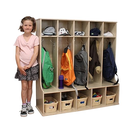 Factory Direct Partners Birch 5-Section Coat Locker with Bench, 10 Storage Cubbies and Coat Hooks; Durable, Sturdy Furniture for Home, Daycare, Preschool, Montessori Classroom
