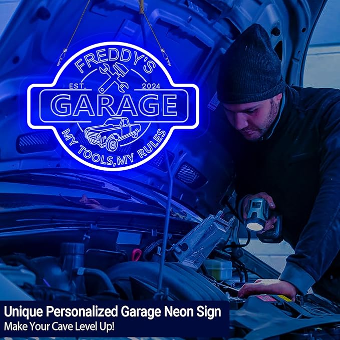 Custom Name Garage Neon Sign, Personalized LED Garage Neon Light, Customizable Mechanic Shop Light Up Sign for Man Cave, Car Repair, Auto Workshop, Home Garage Decor, Gift for Dad, Husband, Father's Day Gift