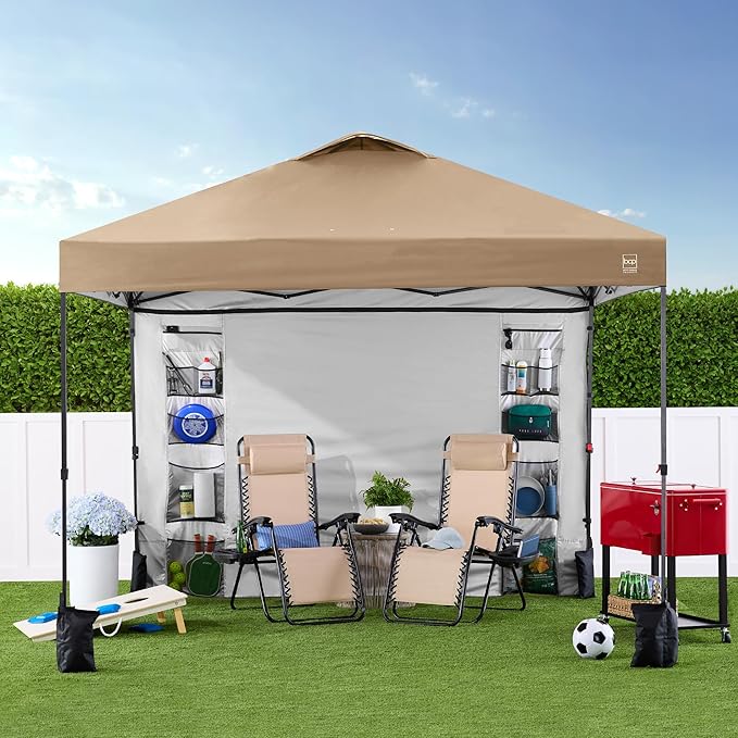 Best Choice Products 10x10ft Easy Pop Up Canopy w/Side Wall, 10 Pockets, Portable Carrying Case, 1-Button Setup, 4 Weight Bags - Tan