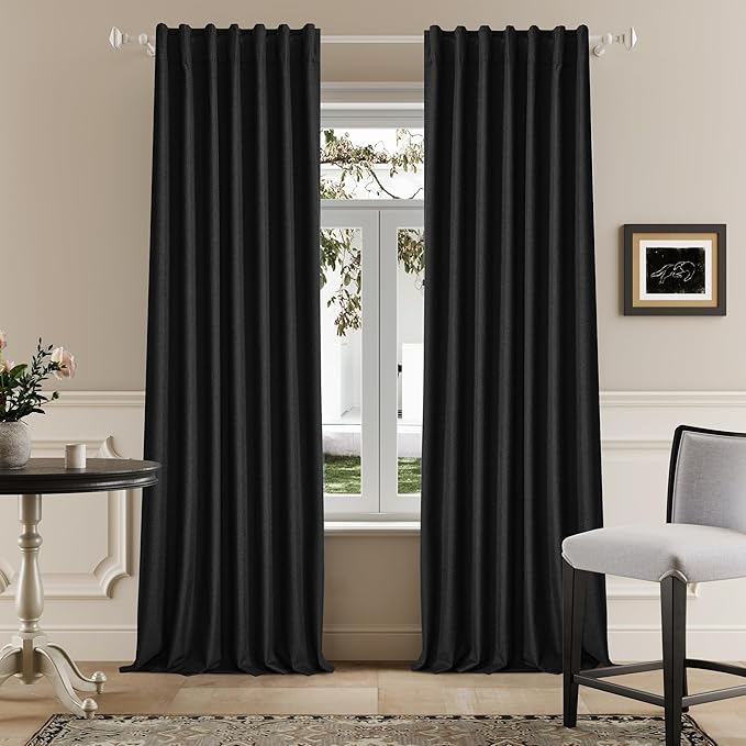 DUALIFE 96 Inch Long Blackout Curtains - Extra Wide Thermal Insulated Sun Block Out Bedroom Linen Curtains 8 ft Window Covering Back Tab Rod Pocket Drapes for Hall Living Room W84 x L96,2 Pcs, Black