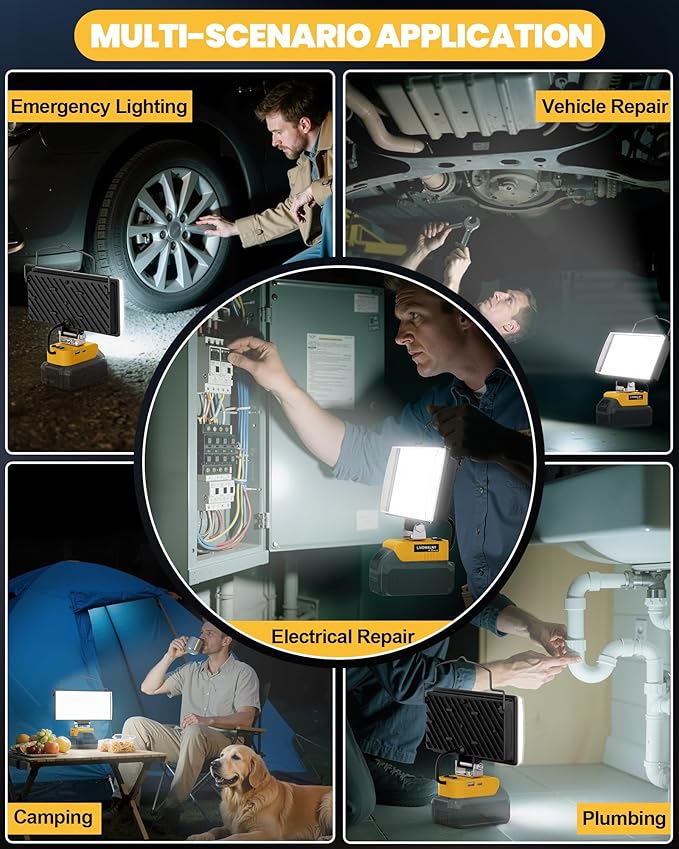 LIVOWALNY LED Work Light Compatible with Dewalt, 100W 10000LM 7" Flood Battery Light, Cordless LED Flashlights with USB & Type-C & Low Voltage Protection & 140° Pivoting Head for Emergency & Job Site