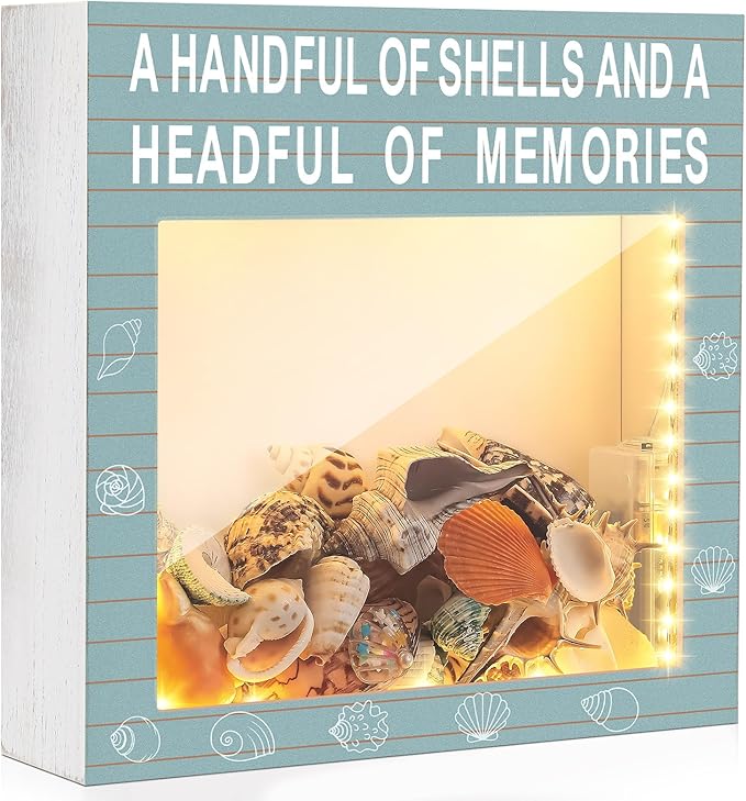 Juexica Seashell Holder with Light Display Box Room Decor Ocean Themed Gifts for Christmas Display Case Sea shells Beach Coastal Decor Acrylic Wall Hanging (Retro Blue,Shells)
