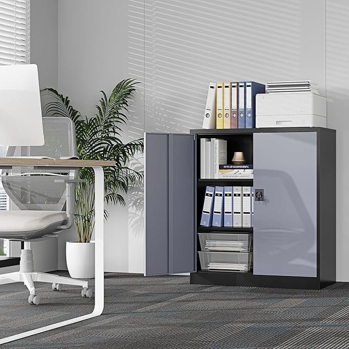 Metal Storage Cabinet,Locking File Cabinet with Doors and Adjustbale Shelves,Tool Steel Cabinets for Garage,Home Office,School,Gym(Grey & Black)