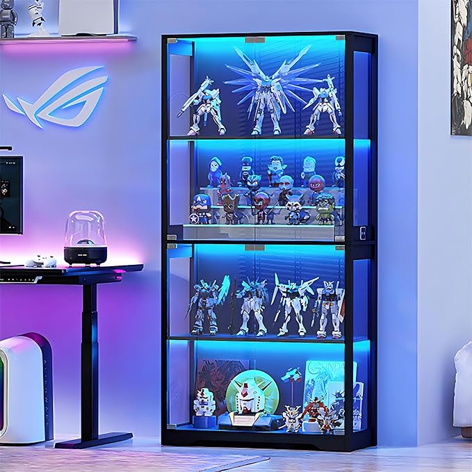 Display Cabinet with Glass Doors, 4-Tier Curio Cabinet with 3 Color Lights for Collectibles, Glass Display Case with Human Body Sensor, Bookcase with 4 Shelves, Storage Cabinets, Black
