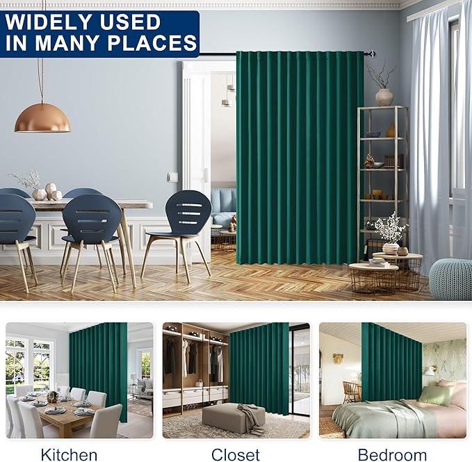 Hiasan Christmas Blackout Patio Sliding Door Curtain Extra Wide Thermal Insulated Privacy Room Divider Panel with Back Tab & Rod Pocket for Bedroom Partition Glass Door (100 x 84 Inches, Hunter Green)