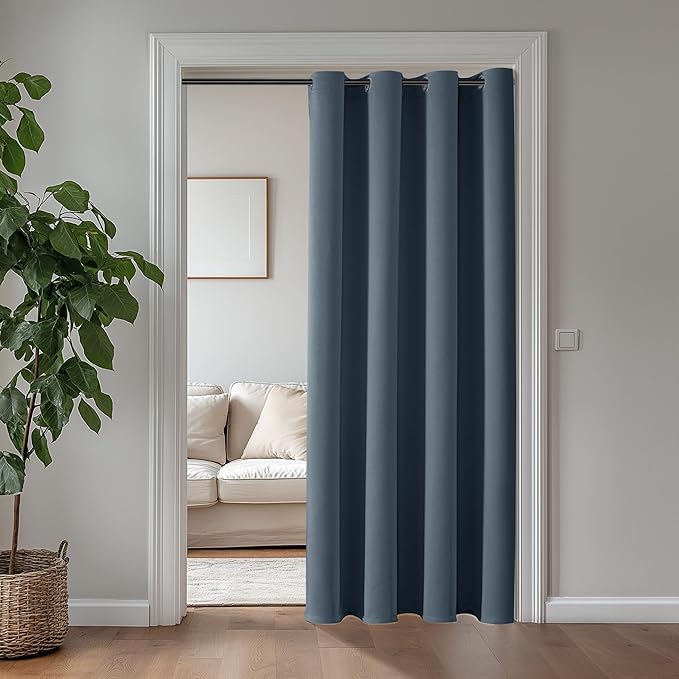 ChrisDowa Blackout Curtains 90 Inches Long for Living Room, Grommet Thermal Insulated Room Darkening Curtains for Bedroom (1 Panel Set, Stone Blue, 52W x 90L)