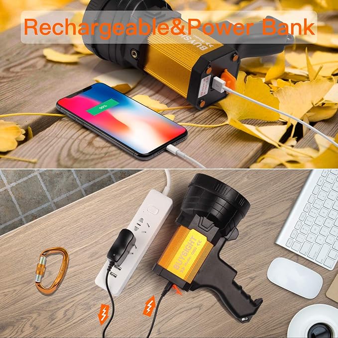 BUYSIGHT Rechargeable Spotlight,1000000 Lumens Spot Lights Hand held High lumens Large Flashlight Handheld Spotlight Lightweight and Super Bright Flashlight (Aluminium_Alloy Golden)