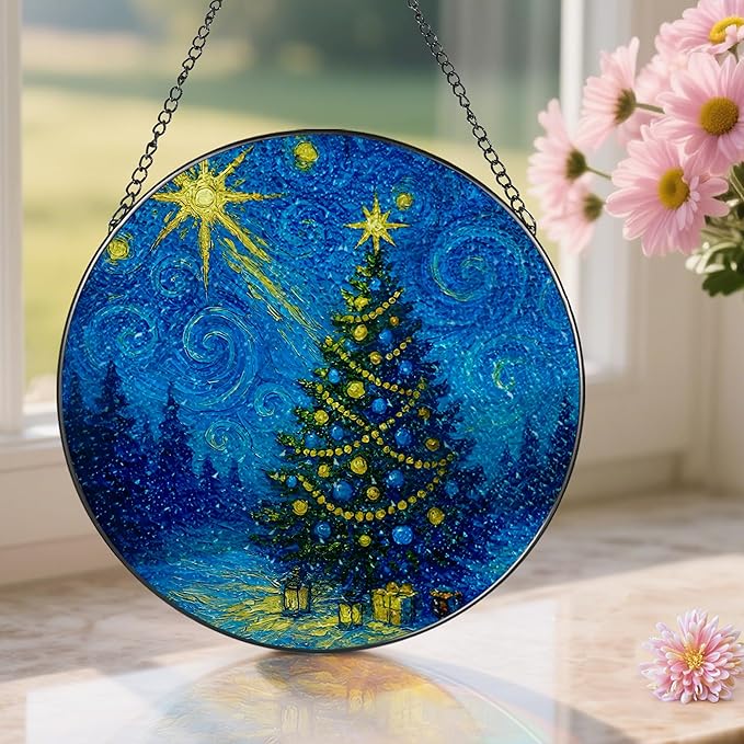 8-Inch Starry Night Christmas Tree Stained Glass Window Hanging & Ornament: Stained Glass Suncatcher Ornament, Sun Catcher Window Decor – Gifts for Christmas, Holiday Present, Gift Exchange, Gift Idea