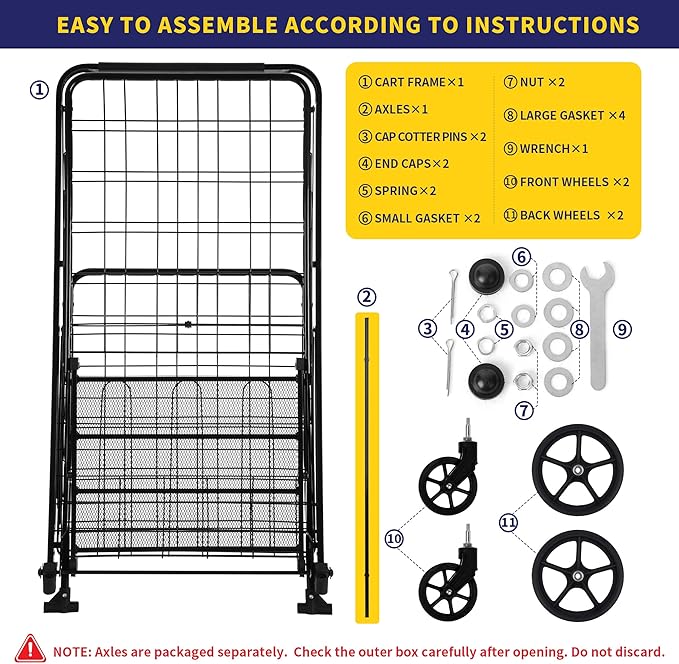 Folding Shopping Cart, Grocery Cart, 340 Lb Capacity, Utility Cart with 360° Rolling Swivel Wheels, Large & Extra Basket