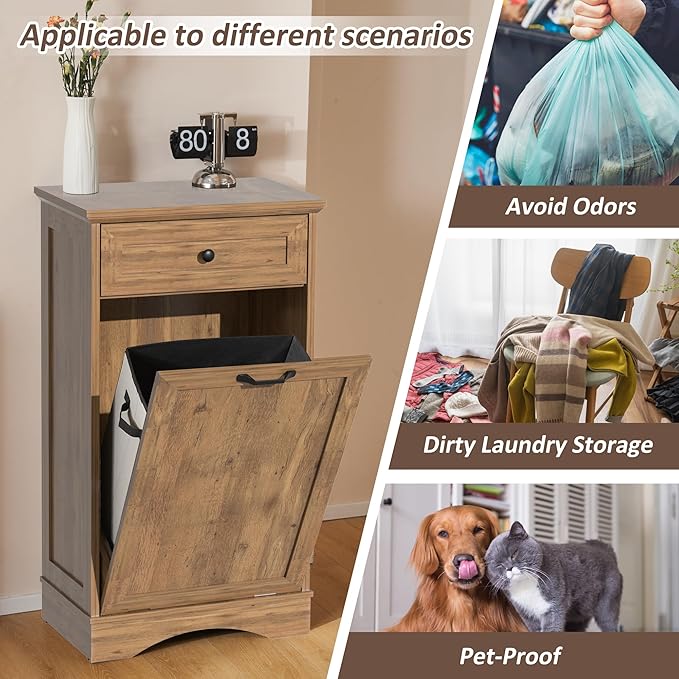 13 Gallons Tilt Out Trash Cabinet Freestanding Kitchen Trash Bin Cabinet Wood Garbage Recycling Cabinet with Hideaway Drawer Pet Proof Trash Can Holder for Kitchen Living Room, Dark Wood
