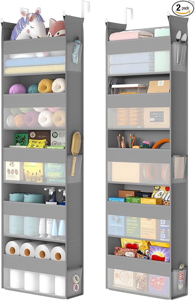 SONGMICS Over The Door Organizers, Set of 2 Hanging Door Organizers with 5 Large Pockets, 5-Tier Fabric Storage, Transparent Nylon Mesh, Foldable, Metal Hooks, with Side Pouches, Dove Gray URDH008G01