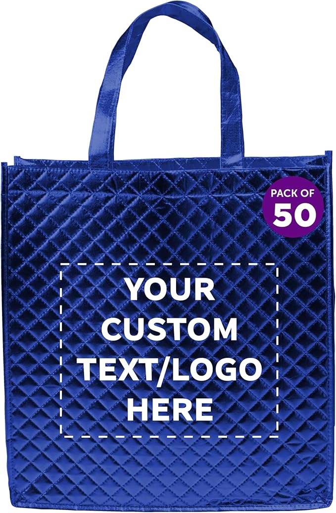 DISCOUNT PROMOS Custom Luxurious Laminated Tote Bags Set of 50, Personalized Bulk Pack - Reusable, Great for Shopping, Beach, Wedding Favors - Royal Blue